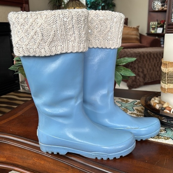 Sperry Vintage Blue Tall Rubber Boots Waterproof w/ Cream Knit Sequin Boot Socks - Picture 4 of 16